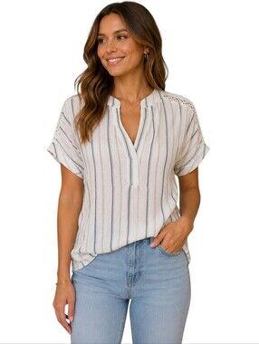 The Workshop Gauzy Striped Lace Shoulder Blouse Medium Boho Coastal